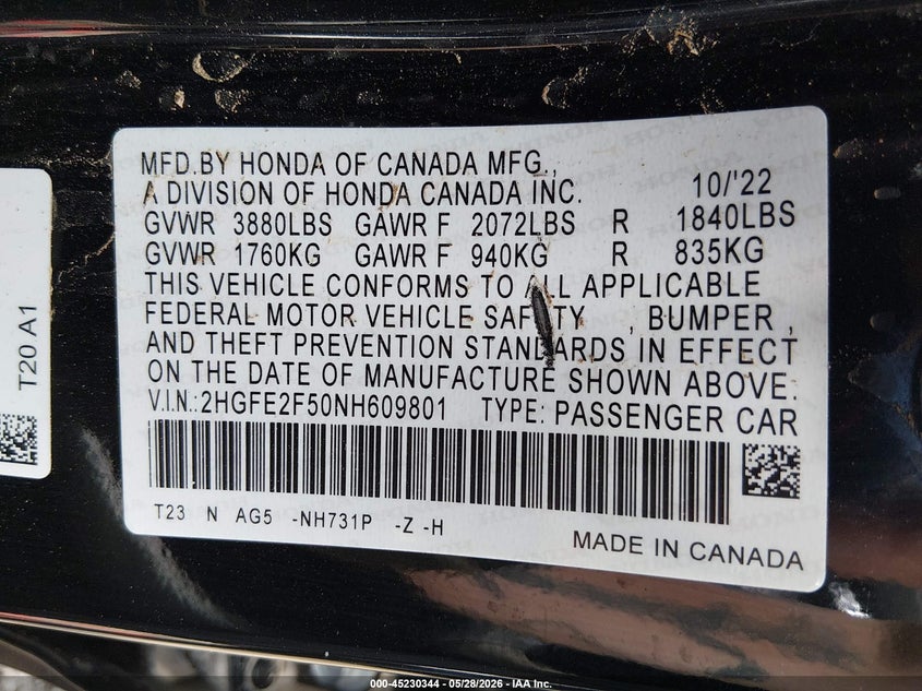 VIN 2HGFE2F50NH609801 2022 HONDA CIVIC SPORT
