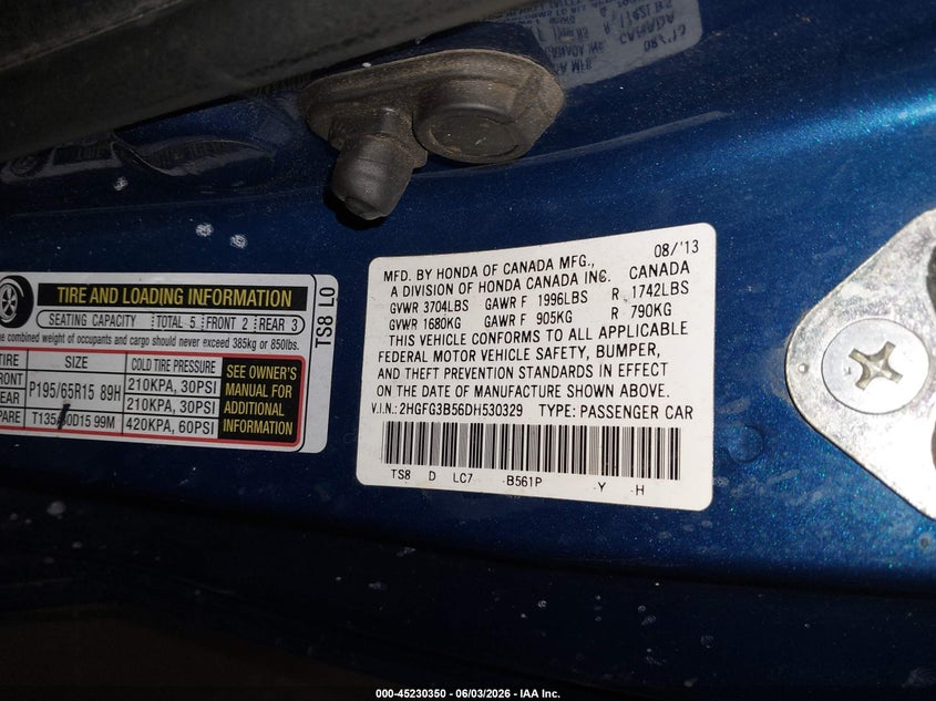 2013 Honda Civic Lx VIN: 2HGFG3B56DH530329 Lot: 45230350