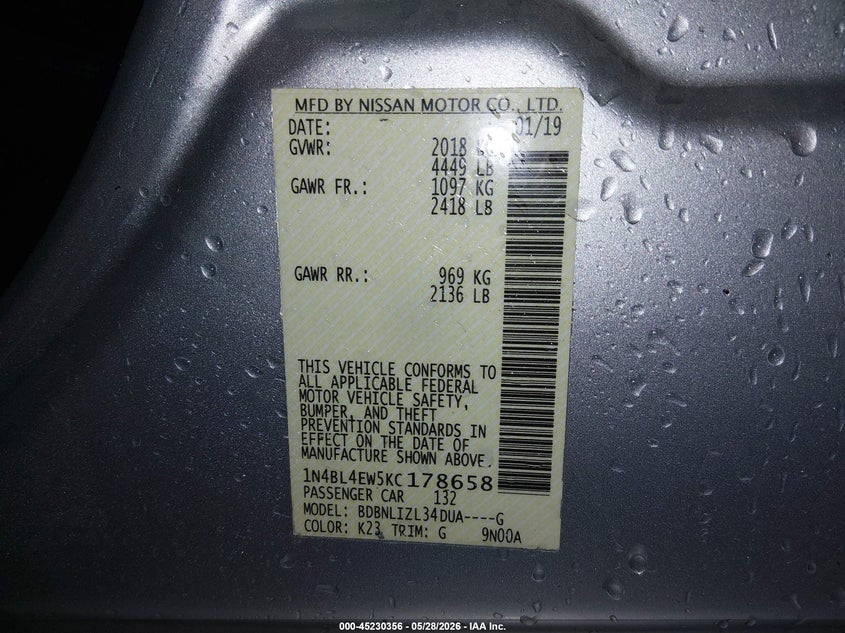 VIN 1N4BL4EW5KC178658 2019 NISSAN ALTIMA 2.5 SL