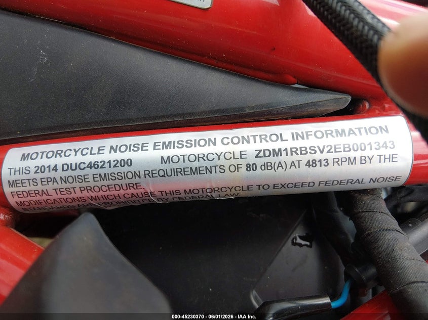 2014 Ducati Monster 1200/S VIN: ZDM1RBSV2EB001343 Lot: 45230370