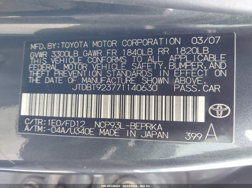 2007 Toyota Yaris VIN: JTDBT923771140630 Lot: 45230424