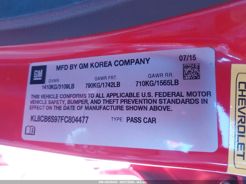 2015 Chevrolet Spark Ls Cvt VIN: KL8CB6S97FC804477 Lot: 45230425