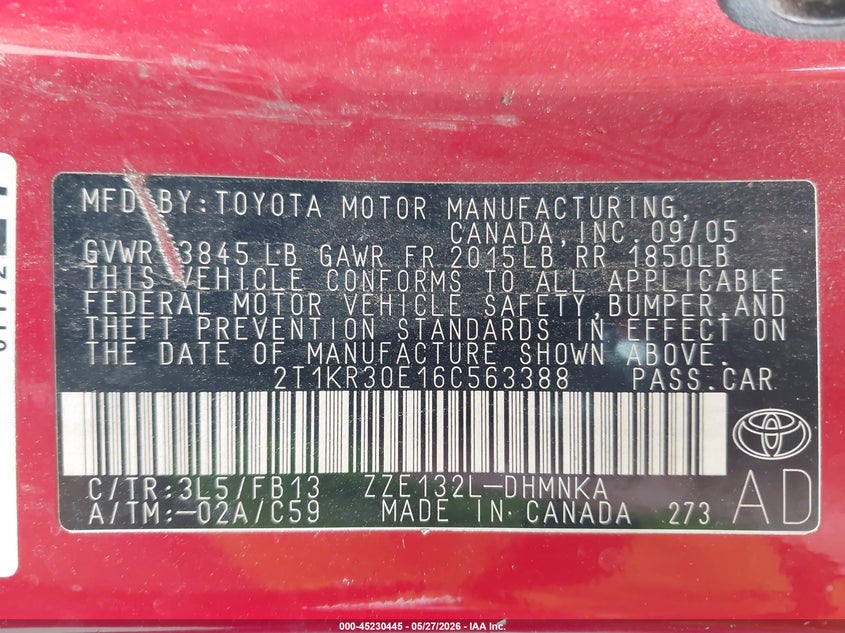 2006 Toyota Matrix Xr VIN: 2T1KR30E16C563388 Lot: 45230445