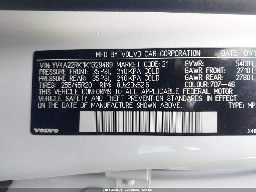 2019 Volvo Xc60 T6 Momentum VIN: YV4A22RK1K1329489 Lot: 45230509