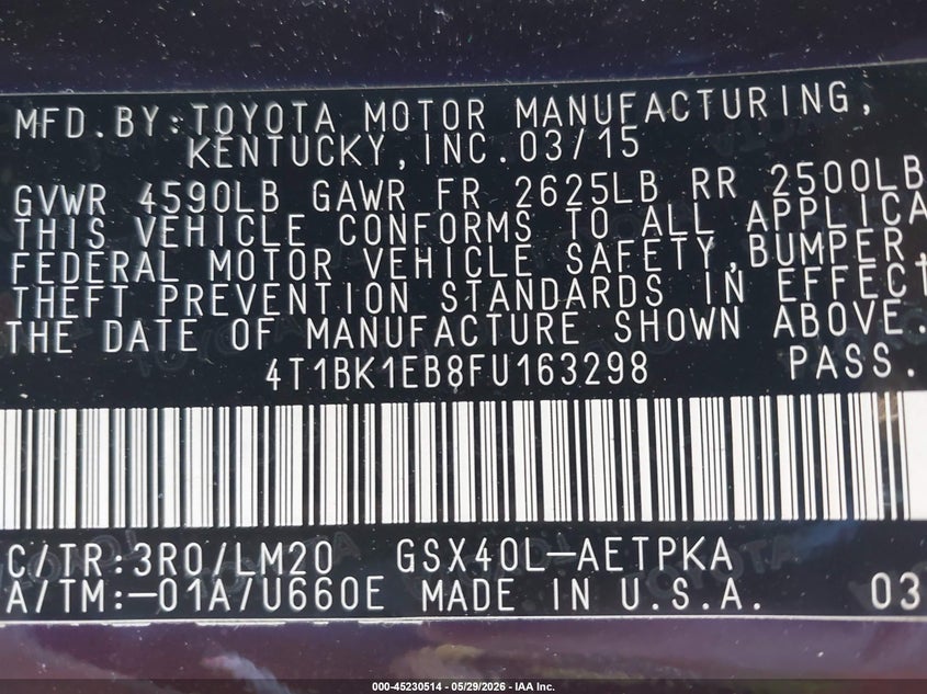 2015 Toyota Avalon Limited VIN: 4T1BK1EB8FU163298 Lot: 45230514