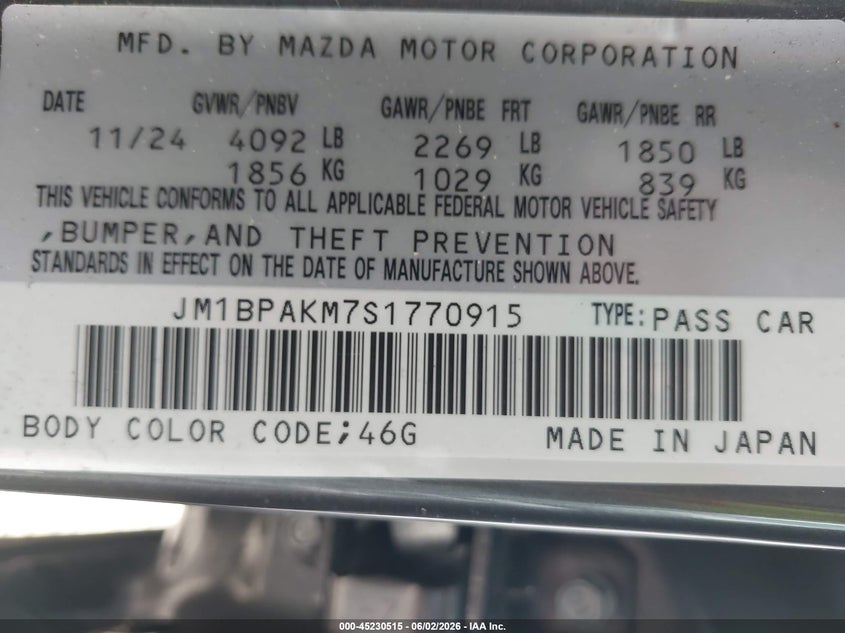 2025 Mazda Mazda3 2.5 S Select Sport VIN: JM1BPAKM7S1770915 Lot: 45230515