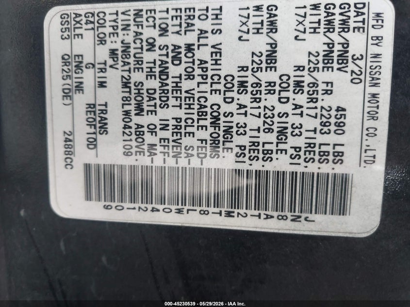 VIN JN8AT2MT8LW042109 2020 NISSAN ROGUE SV FWD
