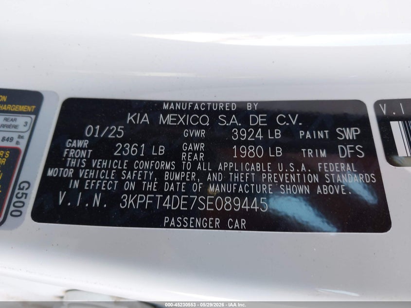 2025 Kia K4 Lxs VIN: 3KPFT4DE7SE089445 Lot: 45230553
