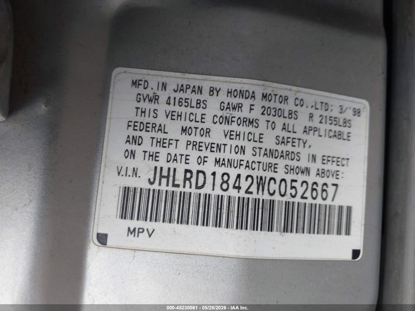 1998 Honda Cr-V Lx VIN: JHLRD1842WC052667 Lot: 45230561