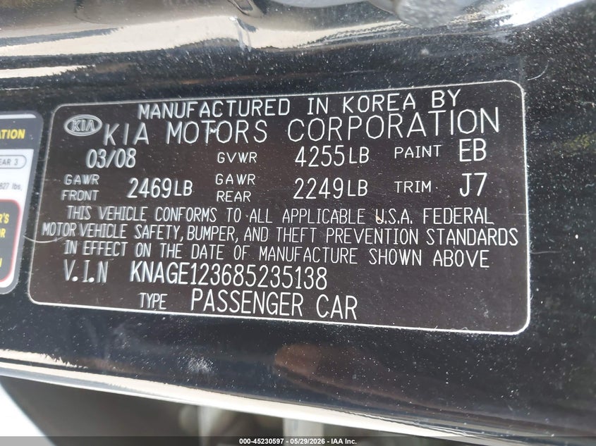 2008 Kia Optima Lx VIN: KNAGE123685235138 Lot: 45230597