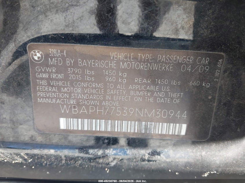 2009 BMW 3ER SEDAN 3.0L I-6 DOHC, VVT, 230HP