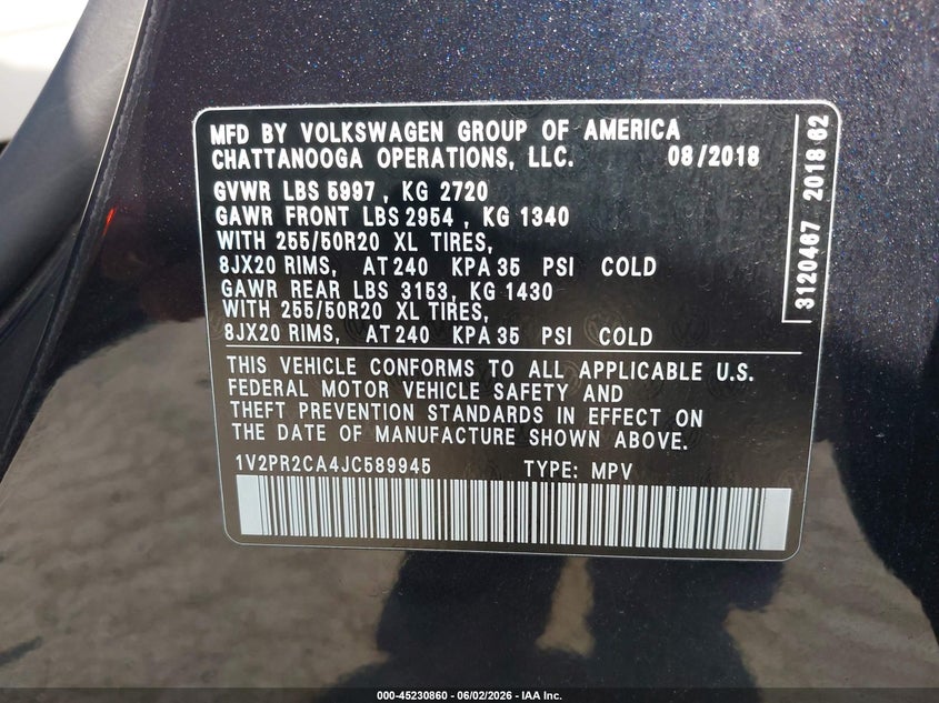 2018 Volkswagen Atlas 3.6L V6 Se W/Technology VIN: 1V2PR2CA4JC589945 Lot: 45230860