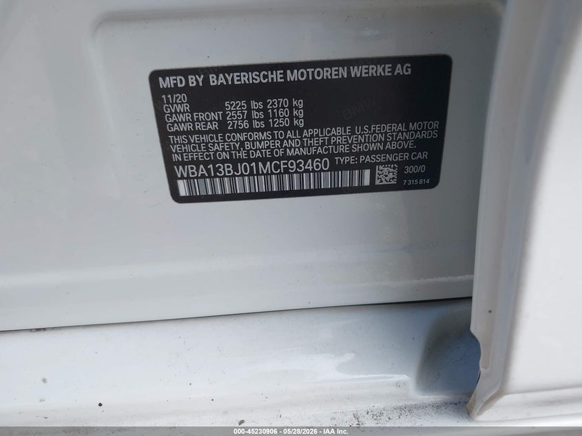 BMW 530I 2021 VIN WBA13BJ01MCF93460