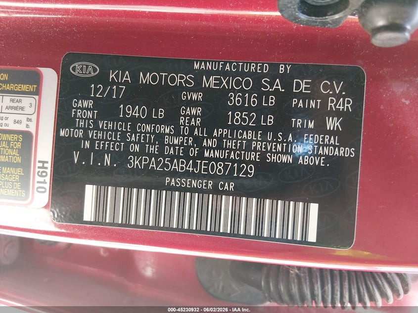 2018 Kia Rio S VIN: 3KPA25AB4JE087129 Lot: 45230932