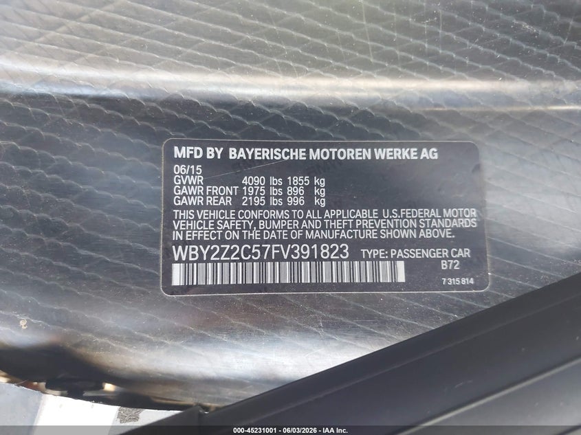2015 BMW I8 VIN: WBY2Z2C57FV391823 Lot: 45231001