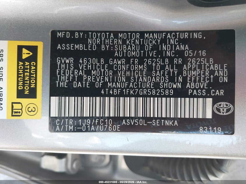 2016 TOYOTA CAMRY SEDAN 2.5L I-4 DOHC, VVT, 178HP