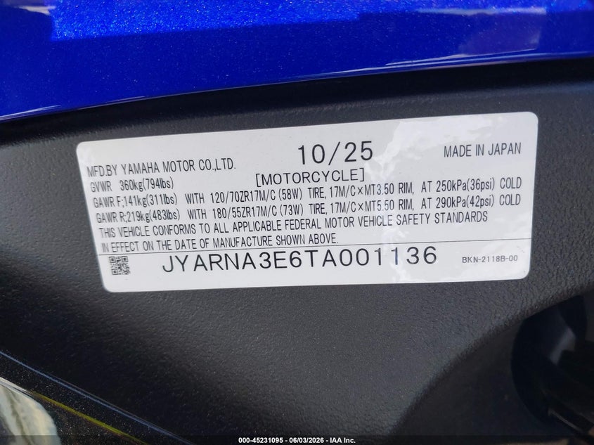 2026 Yamaha Yzf890 VIN: JYARNA3E6TA001136 Lot: 45231095