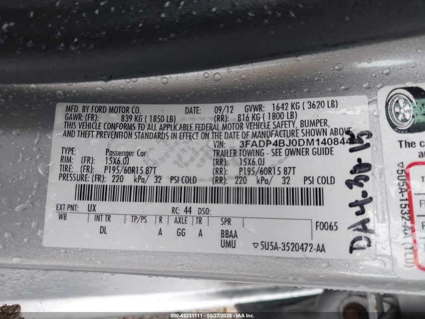 2013 Ford Fiesta Titanium VIN: 3FADP4FJ0DM410844 Lot: 45231111
