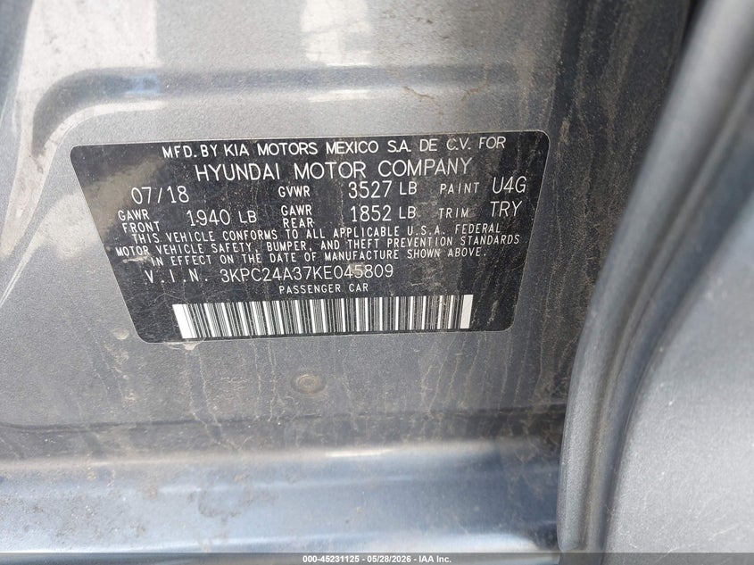 2019 Hyundai Accent Se VIN: 3KPC24A37KE045809 Lot: 45231125