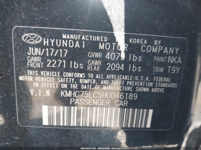 2017 Hyundai Ioniq Hybrid Sel VIN: KMHC75LC5HU046189 Lot: 45231182