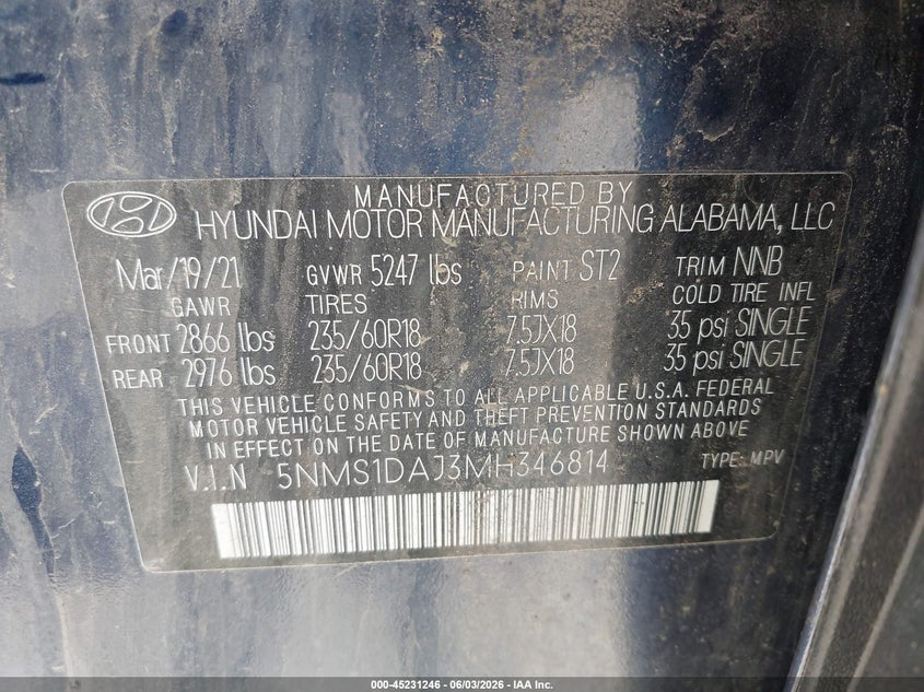 2021 Hyundai Santa Fe Se VIN: 5NMS1DAJ3MH346814 Lot: 45231246