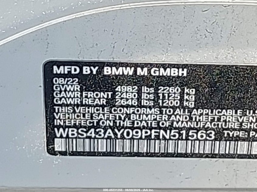 2023 BMW M3 3.0L I-6 DI, DOHC, V(VIN: WBS43AY09PFN51563