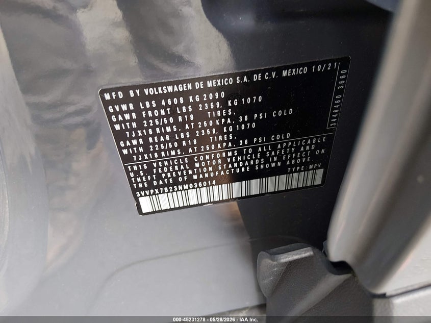 2022 Volkswagen Taos 1.5T Se VIN: 3VVPX7B23NM036014 Lot: 45231278