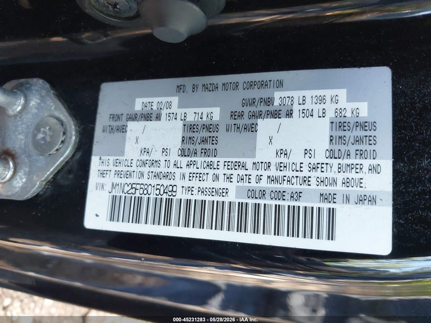 2008 Mazda Mx-5 Sport VIN: JM1NC25F680150499 Lot: 45231283