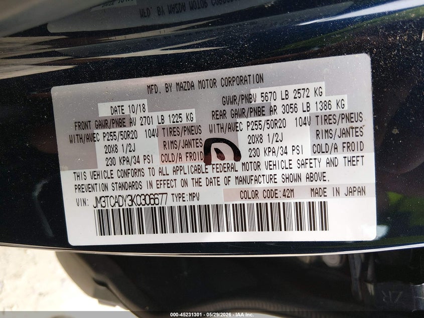 2019 Mazda Cx-9 Grand Touring VIN: JM3TCADY3K0306677 Lot: 45231301
