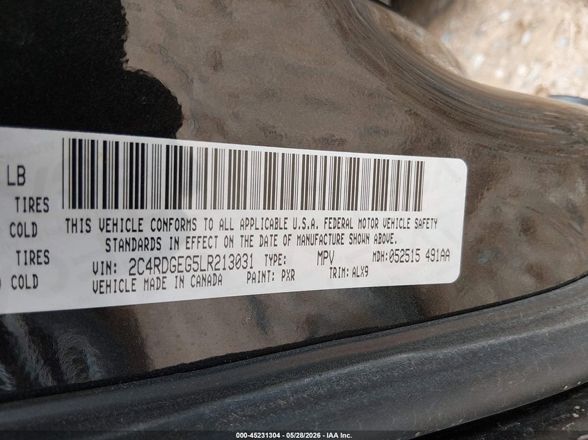 DODGE GRAND CARAVAN 2020 VIN 2C4RDGEG5LR213031