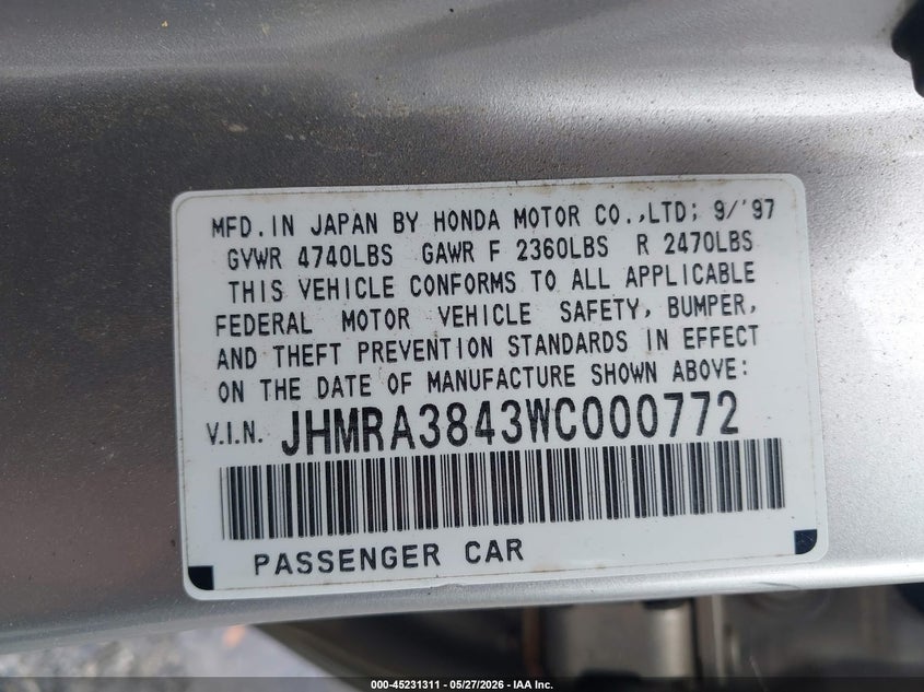 1998 Honda Odyssey Ex/Lx VIN: JHMRA3843WC000772 Lot: 45231311