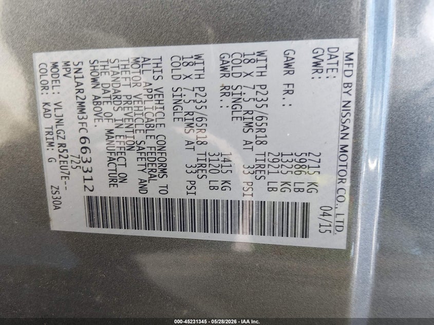 2015 NISSAN PATHFINDER SPORT UTILITY VEHICLE 3.5L V-6 DOHC, VVT, 260HP