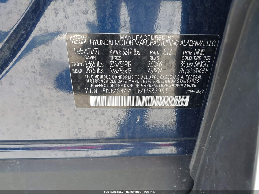 VIN 5NMS44AL1MH332063 2021 HYUNDAI SANTA FE LIMITED