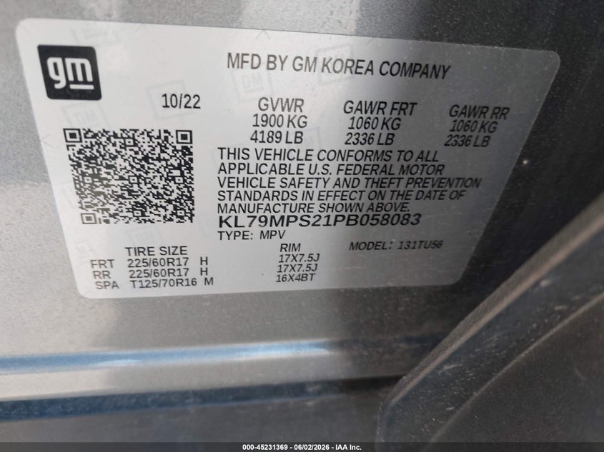 2023 Chevrolet Trailblazer Fwd Lt VIN: KL79MPS21PB058083 Lot: 45231369
