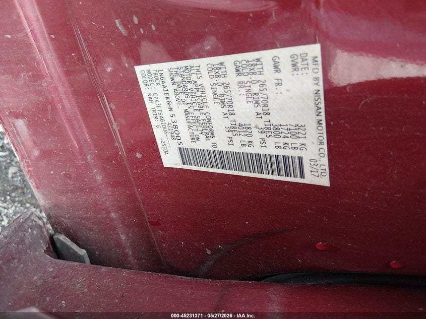 2017 Nissan Titan Sv VIN: 1N6AA1EK6HN538005 Lot: 45231371