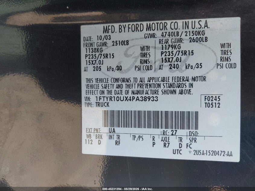 2004 Ford Ranger Edge/Xl/Xlt VIN: 1FTYR10UX4PA38933 Lot: 45231394