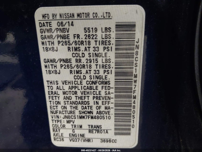 2015 Infiniti Qx70 VIN: JN8CS1MW7FM480510 Lot: 45231427