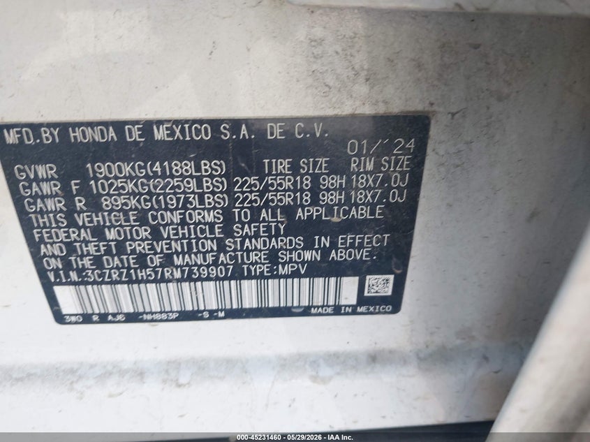 HONDA HR-V 2024 VIN 3CZRZ1H57RM739907