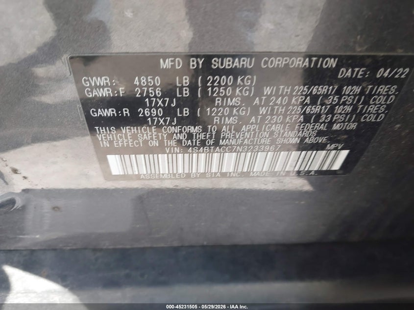 2022 Subaru Outback Premium VIN: 4S4BTACC7N3233967 Lot: 45231505