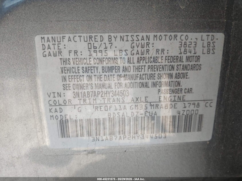VIN 3N1AB7AP2HY344503 2017 NISSAN SENTRA SV