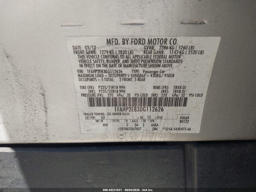 2013 Ford Taurus Sel VIN: 1FAHP2E83DG112626 Lot: 45231631