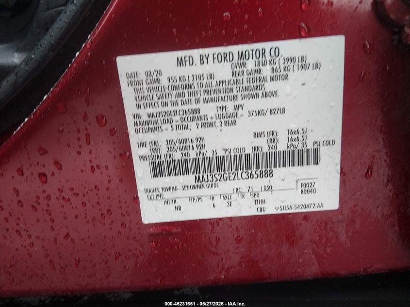 2020 Ford Ecosport Se VIN: MAJ3S2GE2LC365888 Lot: 45231651