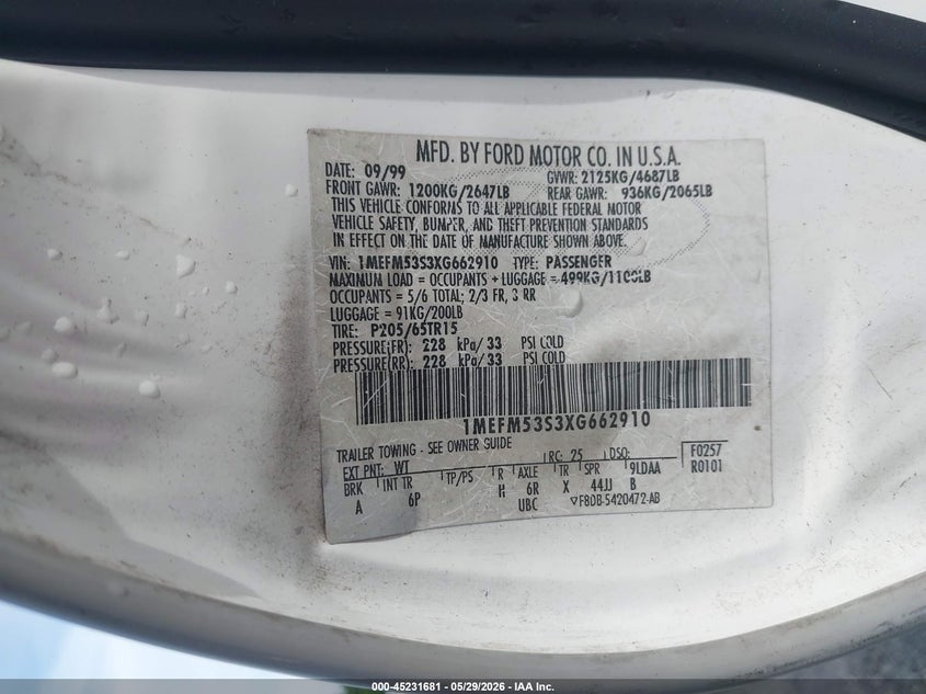 1999 Mercury Sable Ls VIN: 1MEFM53S3XG662910 Lot: 45231681