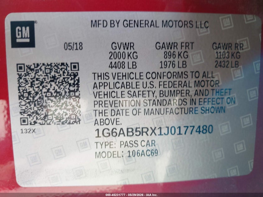2018 Cadillac Ats Luxury VIN: 1G6AB5RX1J0177480 Lot: 45231777