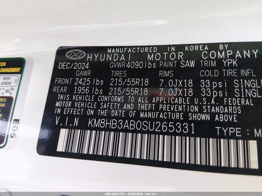 2025 Hyundai Kona Sel VIN: KM8HB3AB0SU265331 Lot: 45231783