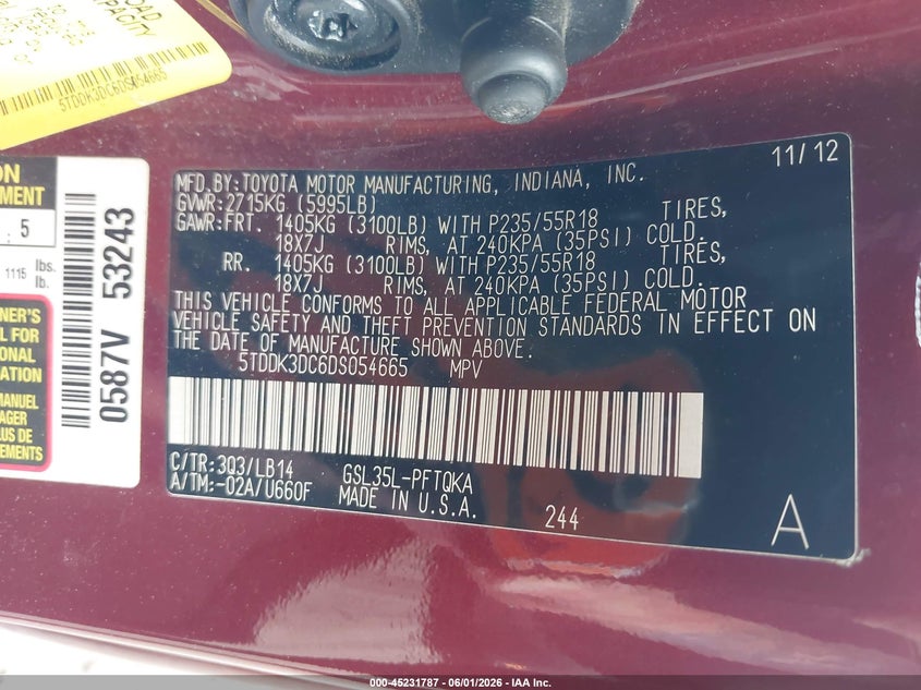 2013 TOYOTA SIENNA VAN 3.5L V-6 DOHC, VVT, 266HP