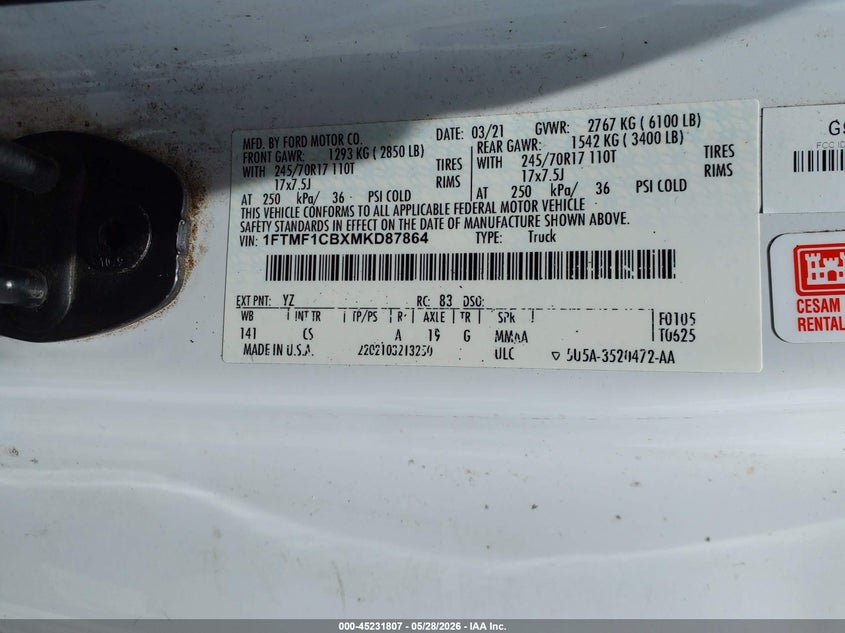 2021 FORD F-150 TRUCK 3.3L V-6 DI, DOHC, VVT, 290HP