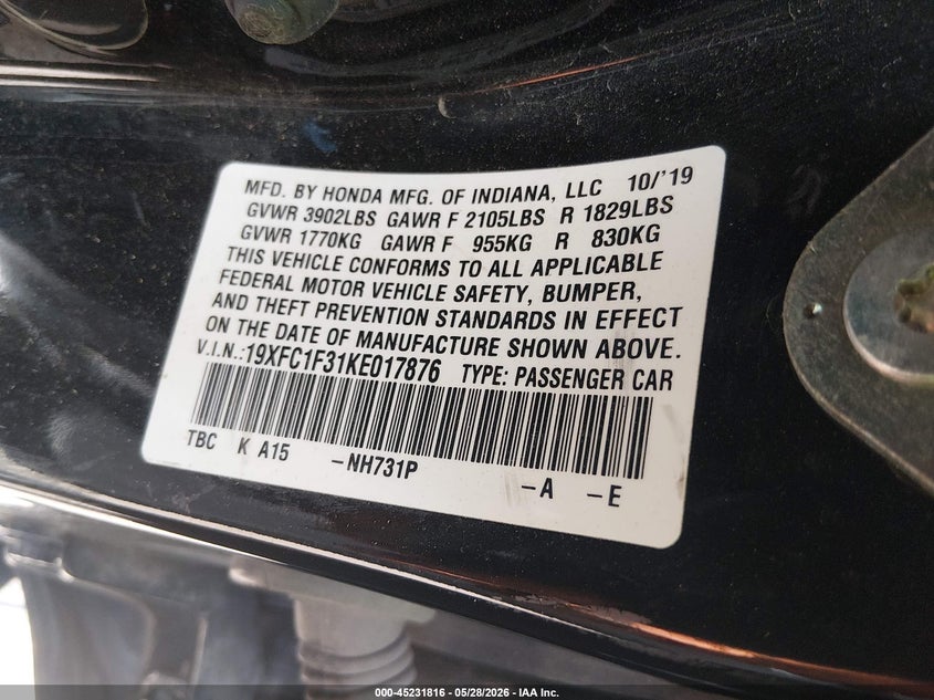 HONDA CIVIC 2019 VIN 19XFC1F31KE017876