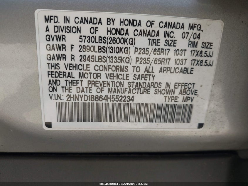 2004 Acura Mdx VIN: 2HNYD18864H552234 Lot: 45231841