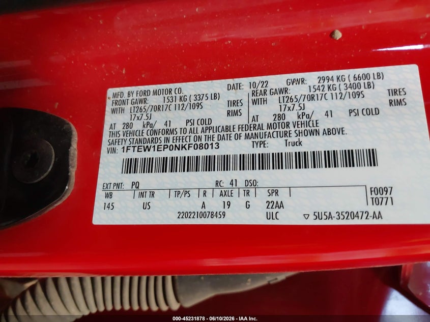 2022 FORD F-150 2.7L V-6 DI, DOHC, V(VIN: 1FTEW1EP0NKF08013